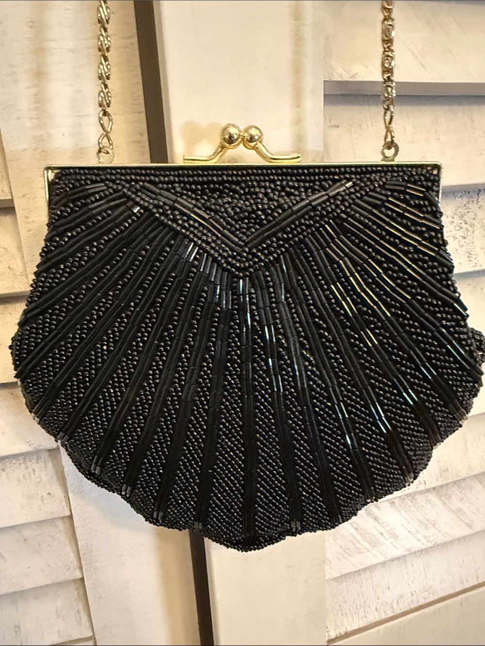 Source Unknown Black Beaded Evening Clutch with Gold Chain Trim